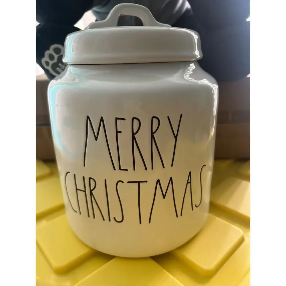 Rae Dunn By Magenta MERRY CHRISTMAS White Ceramic LL Canister With Black Letters